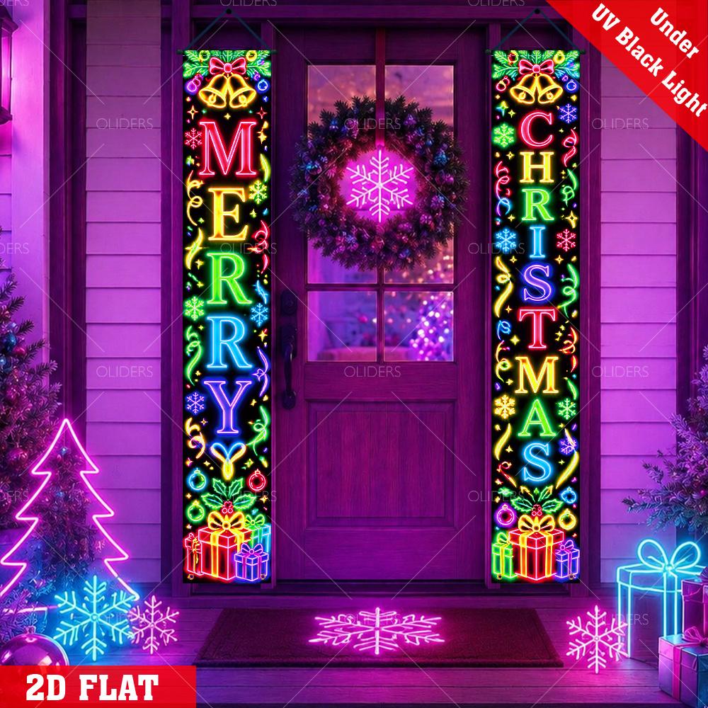 2D Flat, 2pcs UV Activated Neon Glow Christmas Banner Suitable for Indoor/Outdoor - UV Responsive Snowflake Holly Garland with Bells & Merry Christmas