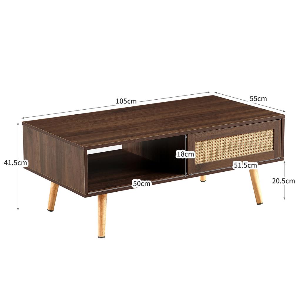 Wicker Coffee Table, Tea Table with Sliding Doors, Solid Wood Legs, Modern Living Room Table, Dark Walnut Wood-H40/W1050/D55 cm