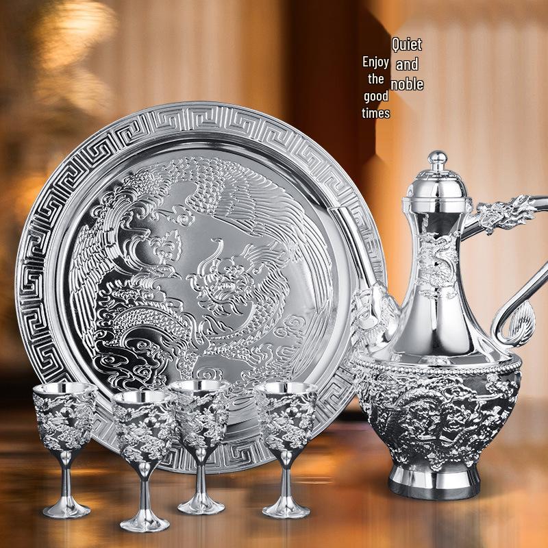 Dragon & Phoenix Wine Set: Silver Pot, Silver-Plated & Gold-Plated Cups, Five-Piece Set in Leather Box.