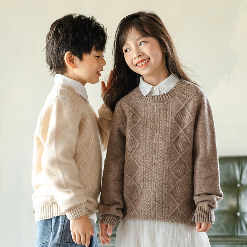 Children's 100% Wool Cable Knit Sweater - Unisex Round Neck for Autumn/Winter