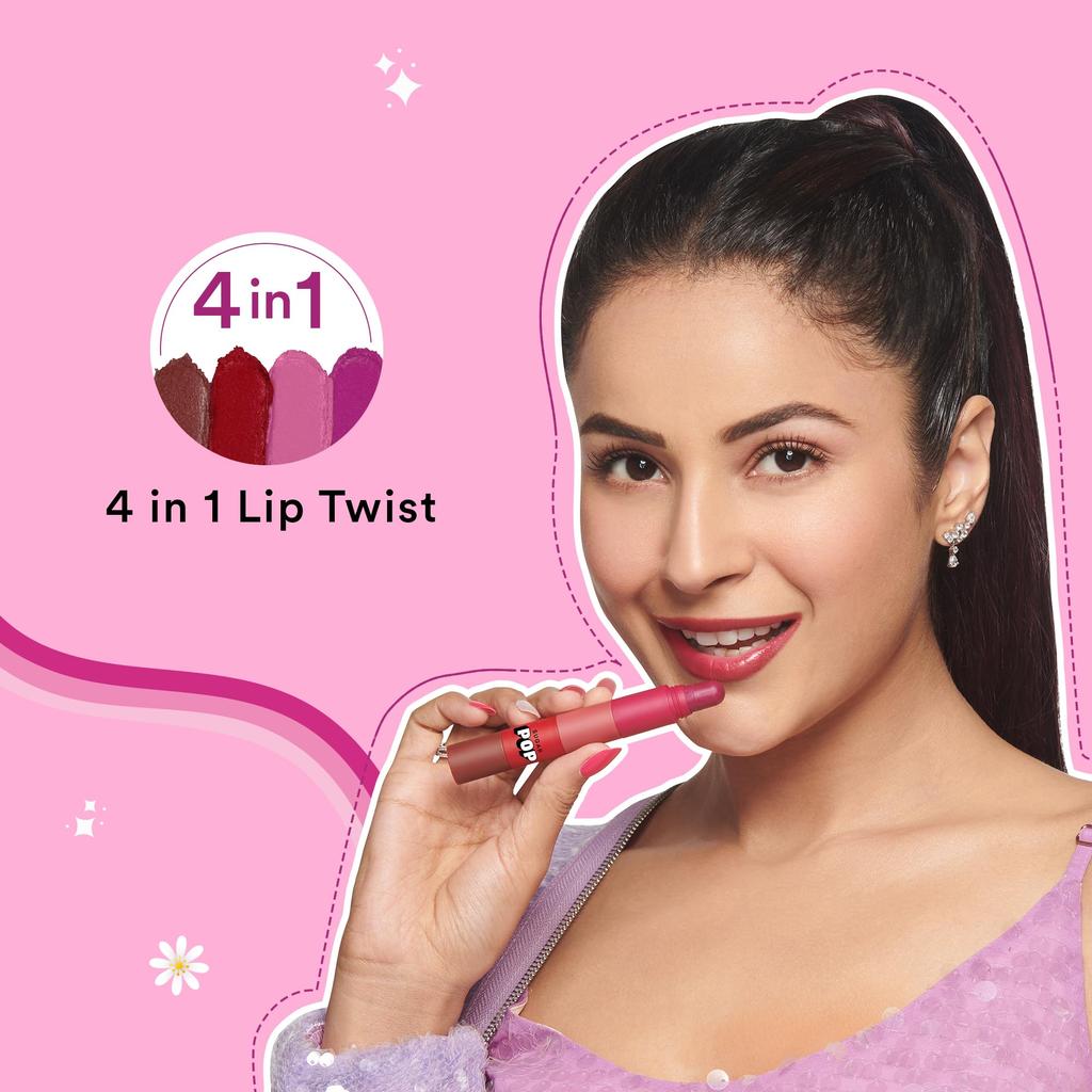 SUGAR POP 4 In 1 Lip Twist | Multi-use Stackable Lipsticks for Women | Enriched with Castor Oil | Satin Matte Hydrating Formula | 6.4gm - 01 Classic