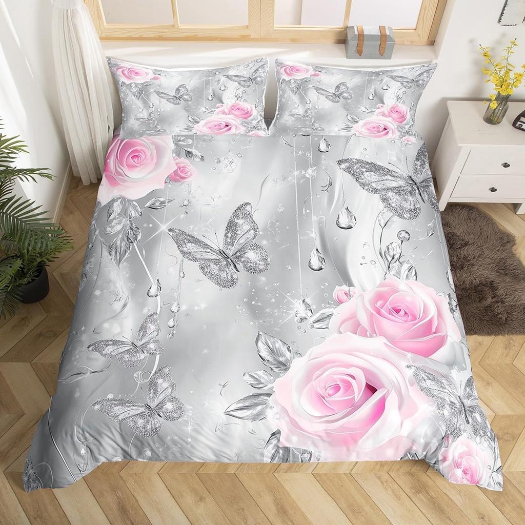 Rose Butterfly Duvet Cover Queen King Size Butterfly Valentine'S Day Quilt Cover Bedding 3 Pcs Rose Flower Quilt Cover 3 Pcs