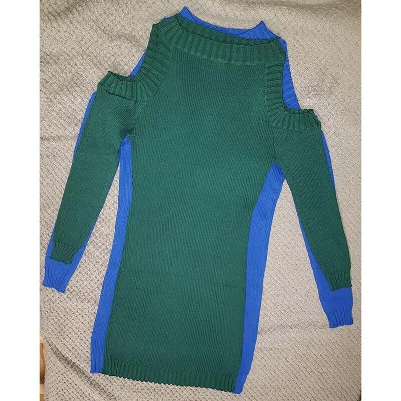 Schulterfreies, langärmliges Strickkleid für Damen, sexy und eng anliegender Strickpullover, Hüftwickel-Unterziehpullover, ausgehöhlt, mittellang