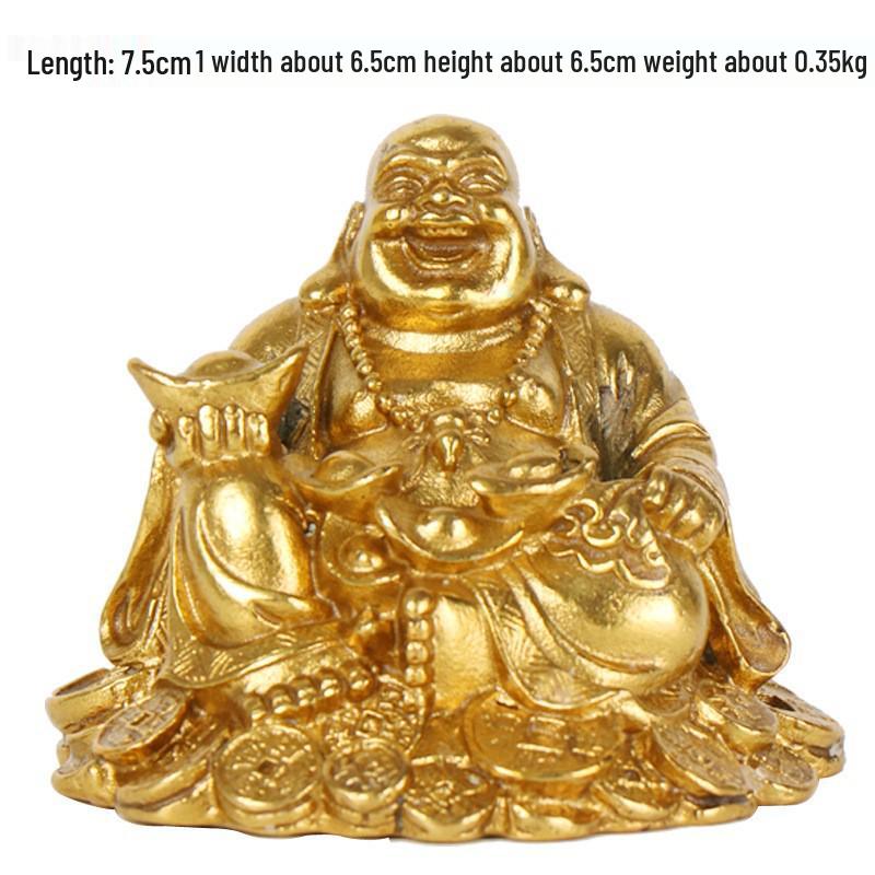 Copper Laughing Buddha Maitreya Car Ornament Sitting on Gold Coins