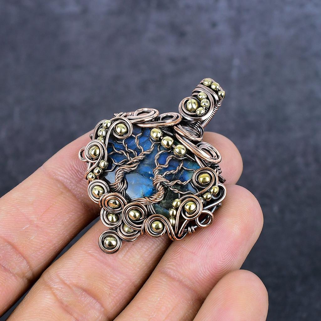 Natural Labradorite Gemstone Copper Wire Wrap Jewelry Pendant 2.05" A4s75
