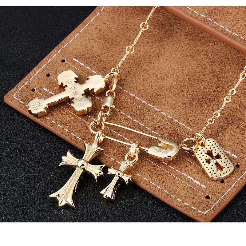 High-End Rhinestone Double Cross Pendant Necklace with CH Chrome Hearts Design