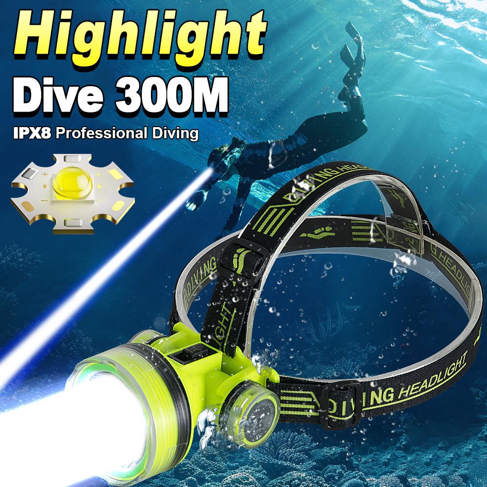 Newest Professional Diving Headlight Rechargeable Underwater Lantern IPX8 Waterproof Super Bright Diver Spearfishing Headlamp