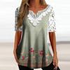 Women's Fashion Casual Lace Sleeve V-Neck Lace Trim Printed Short Sleeve Tops