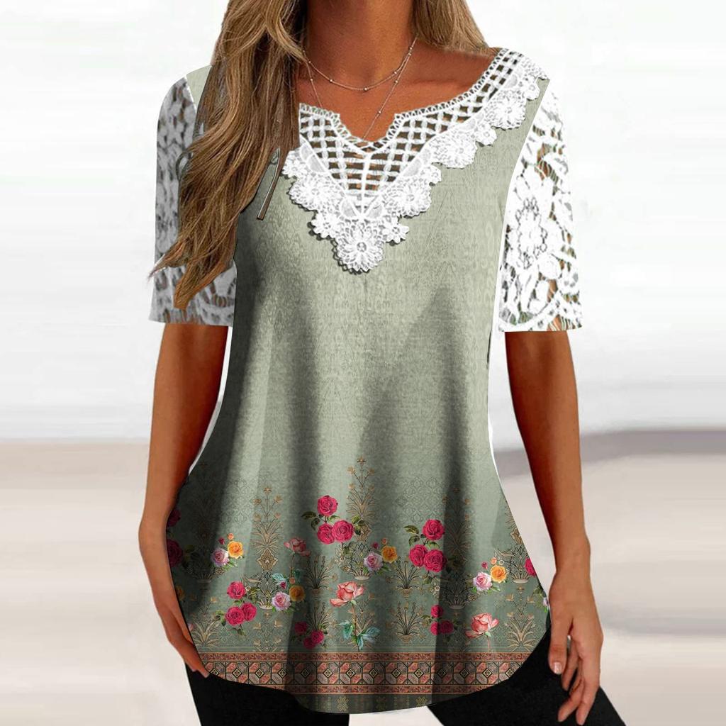 Women's Fashion Casual Lace Sleeve V-Neck Lace Trim Printed Short Sleeve Tops