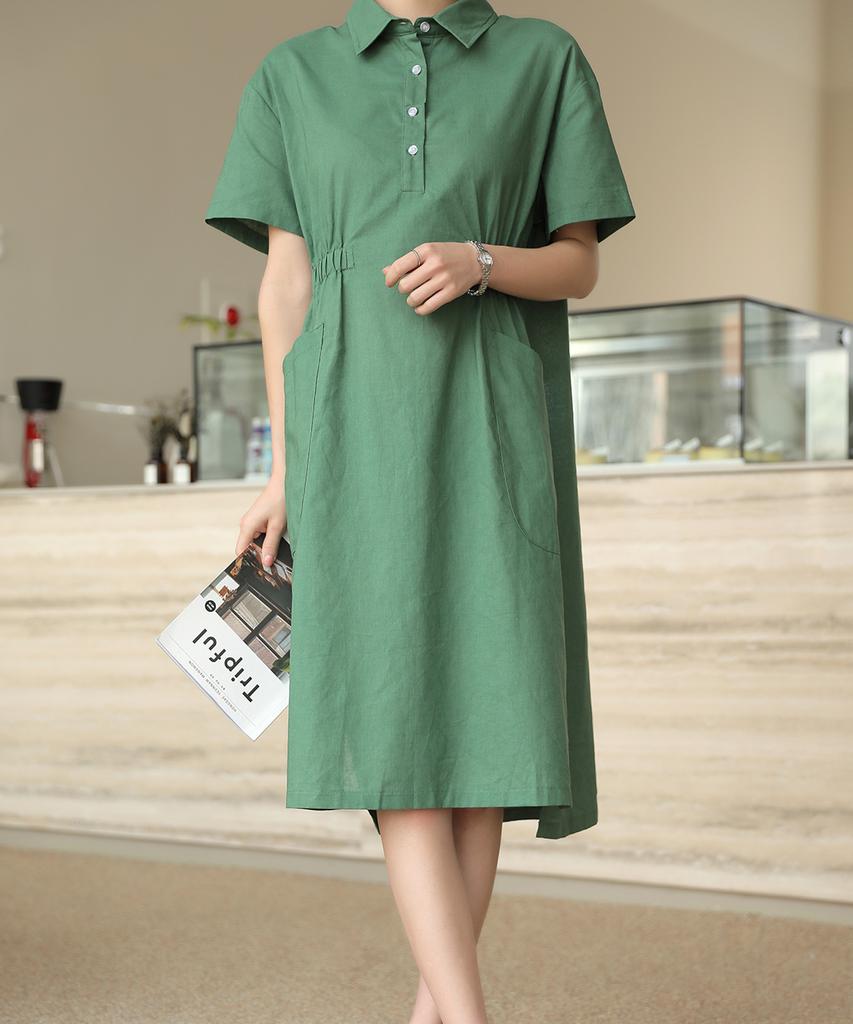 Ppaeppae Side Banding Collar Neck Linen Touch Midi Dress