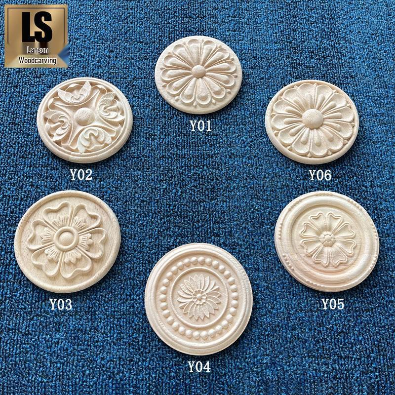Ciondolo Fiore in Legno Intagliato Stile Europeo - Applique Rotonda in Gomma Legno Retrò per Arredamento Casa