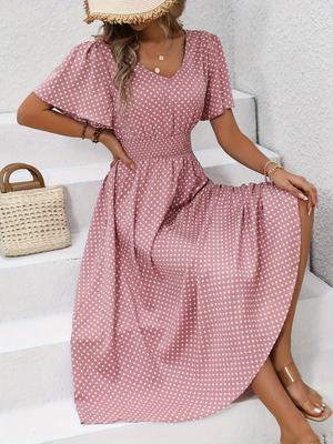 Vestido Midi de Verano para Mujer Cuello en V Manga Corta Estampado de Lunares Vestido Largo Cintura Elástica Holgada Vestido de Línea A