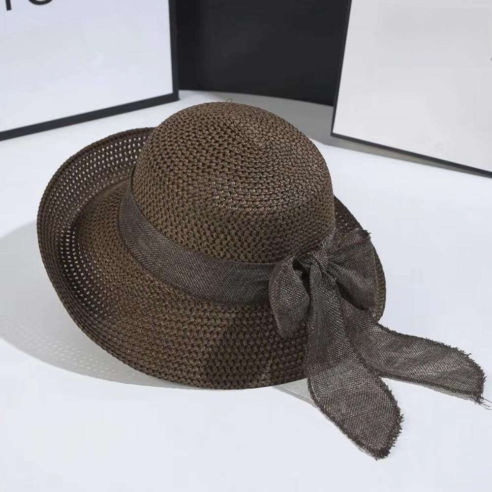 Portable Big Brimmed Woven Cap Hollow Out Bucket Hat Equestrian Hat Bow Fisherman Cap Spring