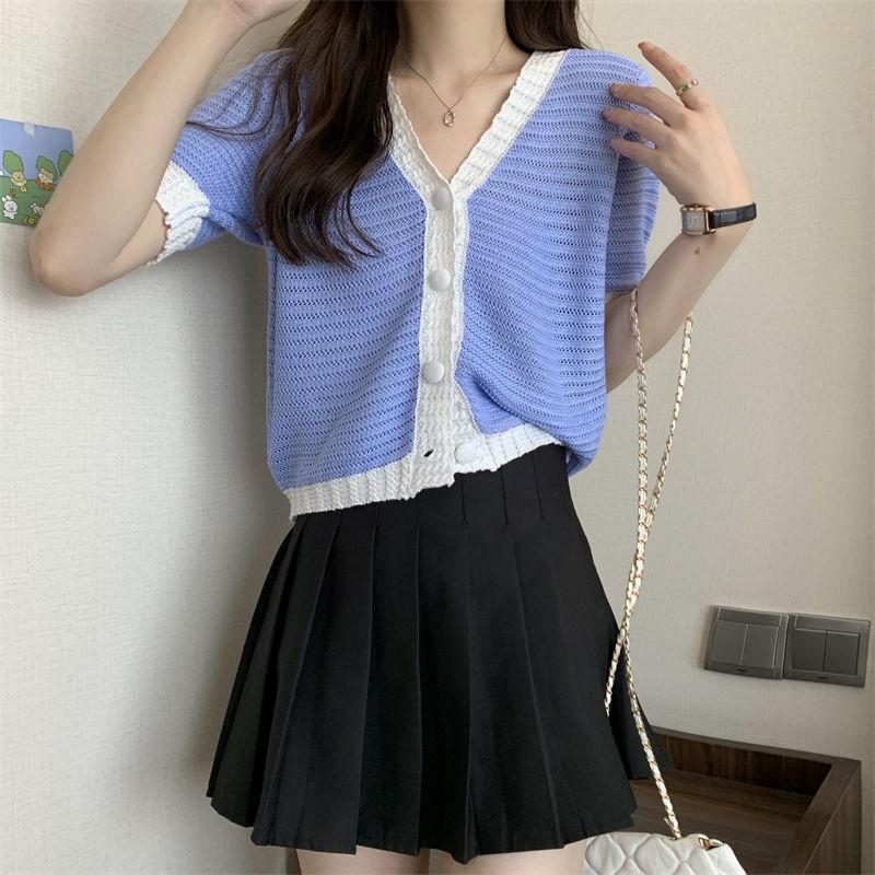 Blue Short Sleeved Knitted Sweater Women's Summer Thin Cardigan Design Sense Short Knitted Top