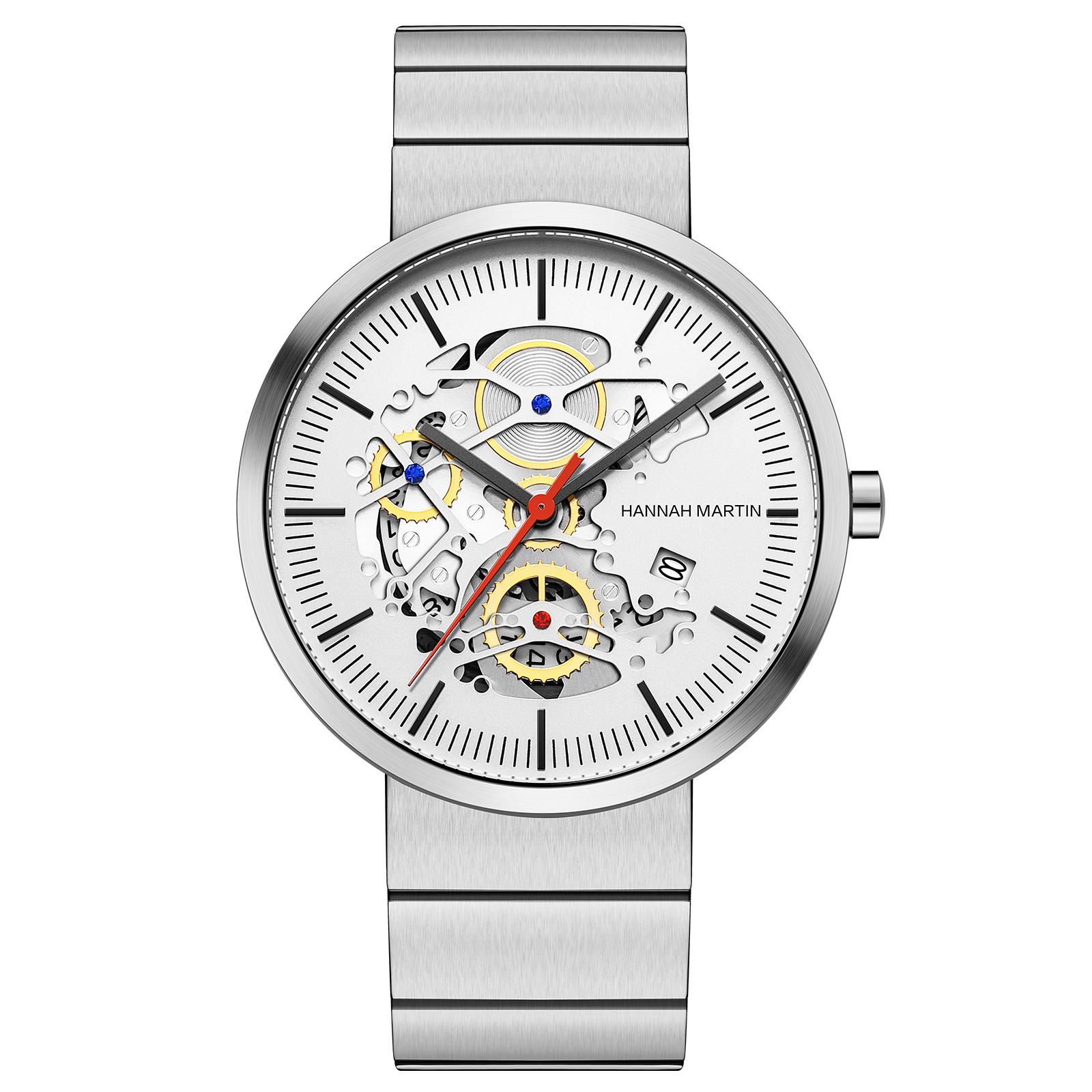 

Мужские кварцевые часы Hannah Martin, импортированные из Японии, из нержавеющей стали, 3 бара, водонепроницаемые, модные, спортивного стиля, кварцевые, с календарем для мужчин, наручные часы серебряный