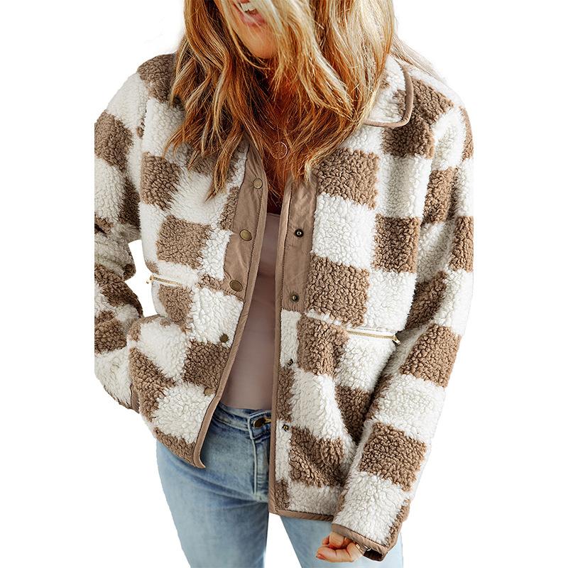 

2025 winter new thickened warm plaid jacket for women, casual versatile plush long-sleeved jacket for women XL
