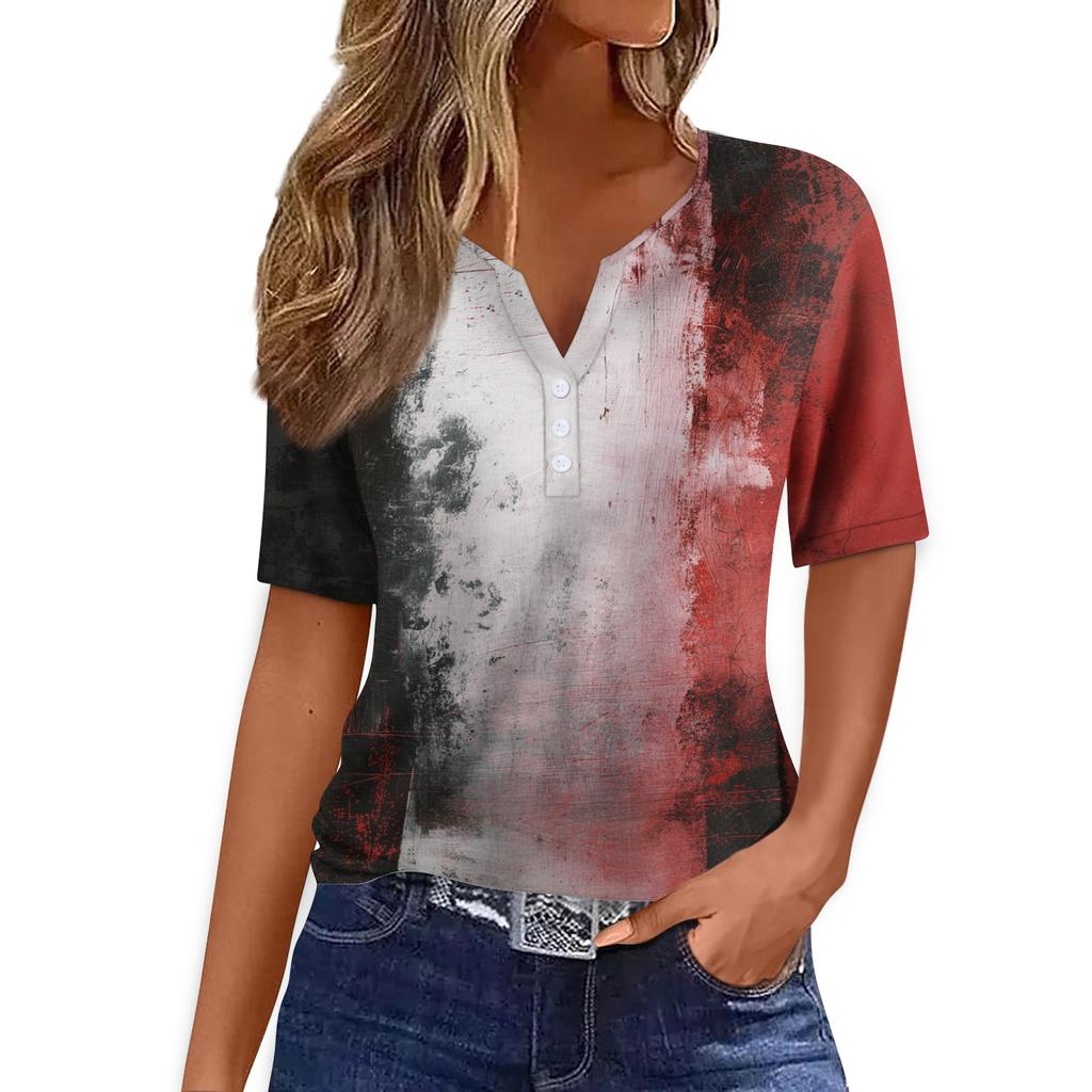 Women's Casual Short Sleeve V Neck T Shirt with Decorative Buttons Halloween Print Relaxed Fit Top for Everyday Wear