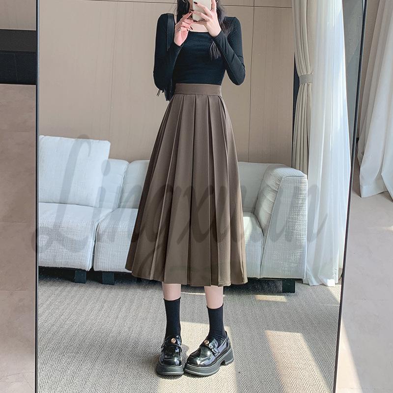 

Plus Size Autumn/Winter Chic A-line Pleated Midi Skirt - Solid Color M кавовий