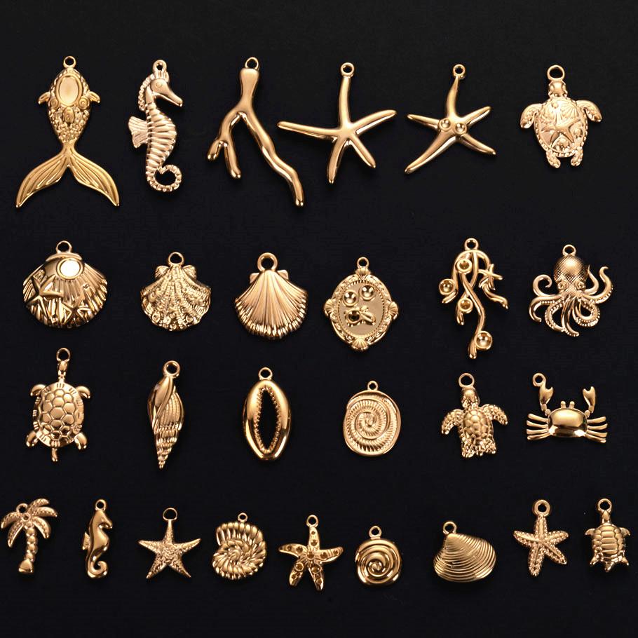 5pcs/Lot Gold Color Exquisite Sea Animal Charm Shell Tortoise Stainless Steel Pendants For Jewelry Making Supplies Beach Pendant
