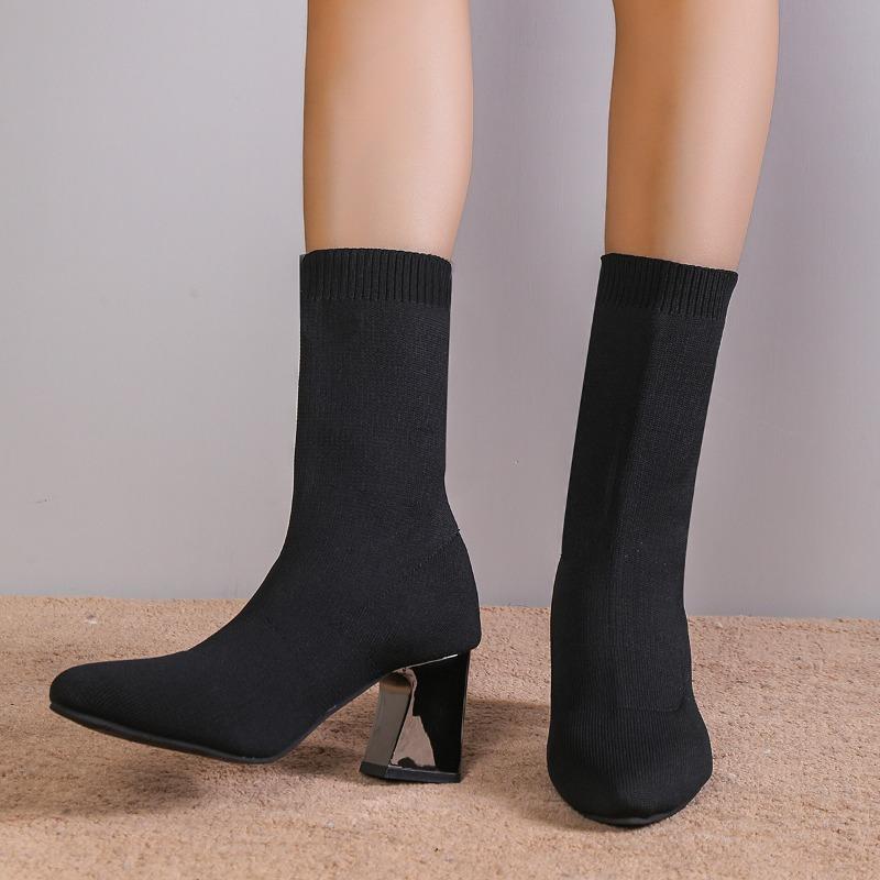 Stretch Boots Autumn New Pointed Toe Stretch Mesh Breathable Cover Foot Non-Slip Wear-Resistant Block Heel Shorthole Boots