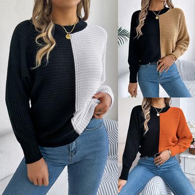 Kadın Örgü Kazaklar Yuvarlak Yaka Fener Uzun Kollu Kazak Kazaklar Renk Bloklu Yivli Örgü Sweatshirt Üstler