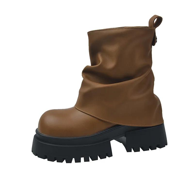 Móda 2025 Nové plisované kulaté špičky na silné podrážce britské jezdecké kozačky pod koleno podzimní móda na silném podpatku