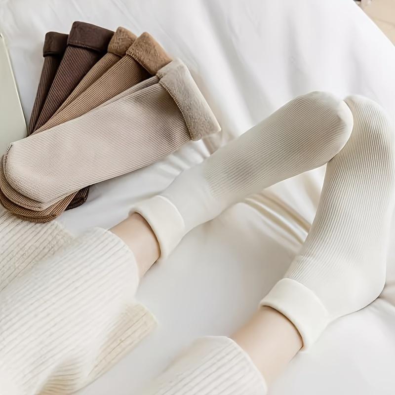 Women'S Plus Size Knee-Length Socks - Polyester Knit Fabric, Fleece-Lined, Solid Color, Warm