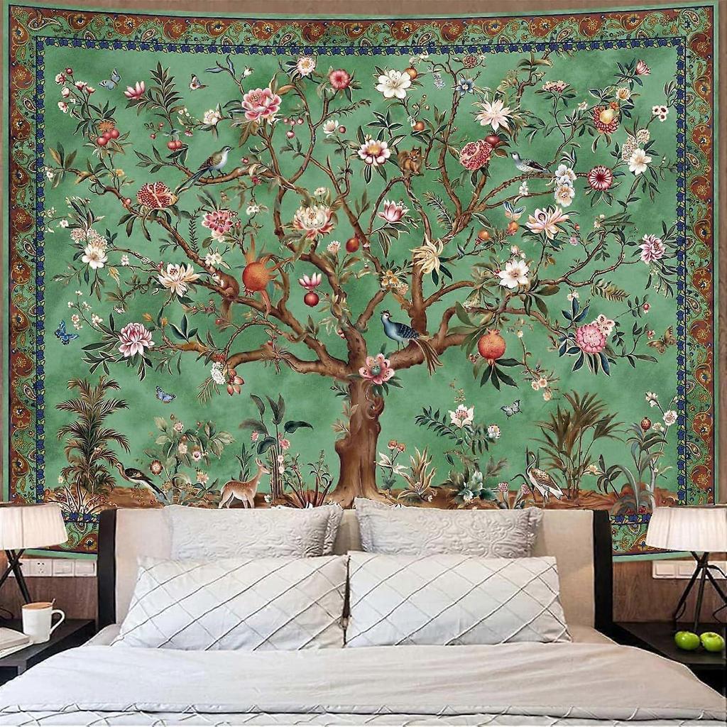 Tapeçaria Árvore da Vida Boho, Tapeçarias com Padrão de Flores Folhas Pássaros Planta Animal Vintage, Pendente de Parede Estética Indiana Bohemian Retrô Verde