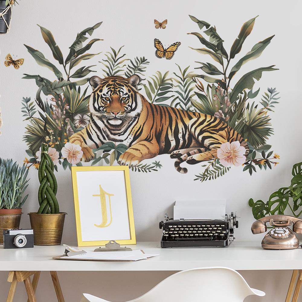 Majestic Jungle Tiger Butterfly Foliage Wall Sticker Self-Adhesive Removable for Bedroom Living Room Study Background Wall Decoration