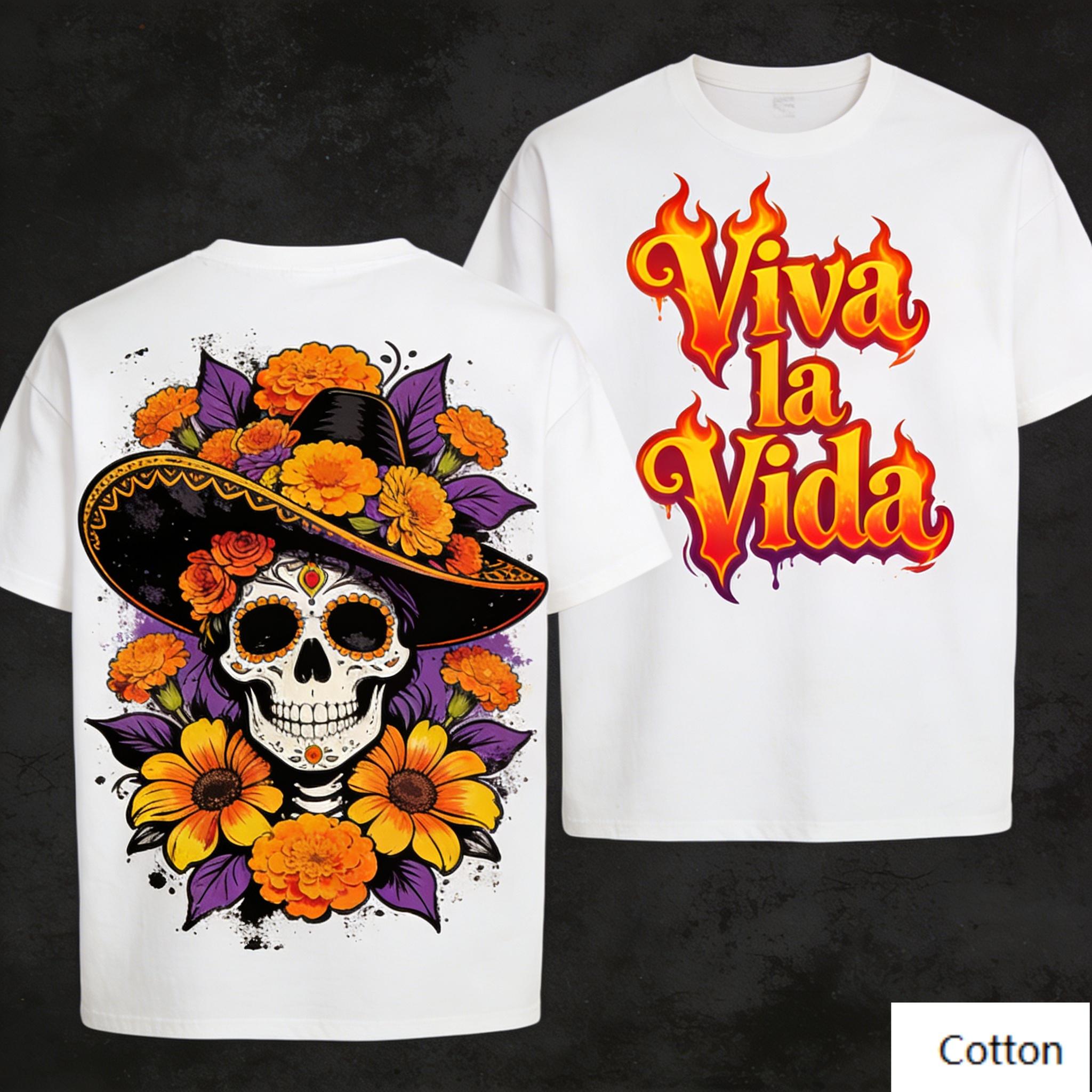 

Day of The Dead Sugar Skull Marigold Graphic TShirt Fiery Viva La Vida Lettering Print Pure Cotton Tee Mexican Folk Streetwea M