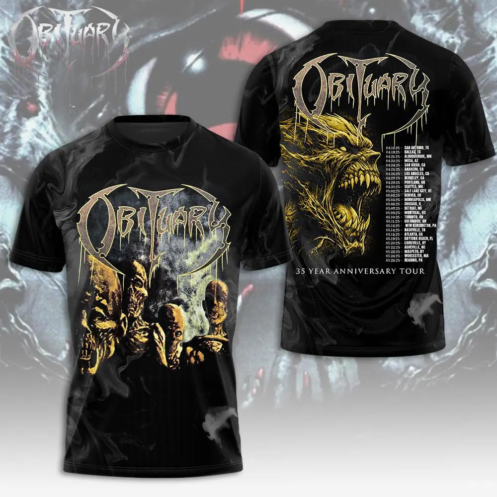 Classic Rock Obituary Album 3D Print T-Shirt, Summer Unisex Street Style Hip Hop Trendy Short-Sleeve T-Shirt, Loose Y2K Top XXS белый