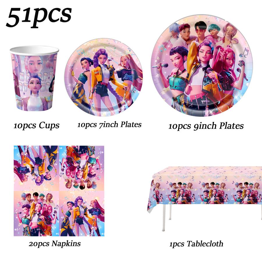 KPOP Demon Hunters Celebration Favors Tableware Collection Birth Date Celebration Balloons Board Banner Decor Girls Infant Shower Xmas Supplies