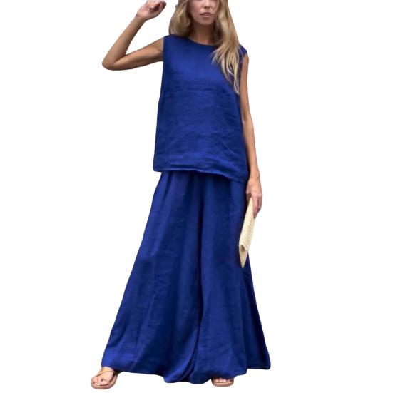 2-teiliges Sommer-Outfit für Damen, ärmelloses Tanktop und Hose mit weitem Bein, lässiges Lounge-Set aus Leinen und Baumwolle, passendes Strand-Set