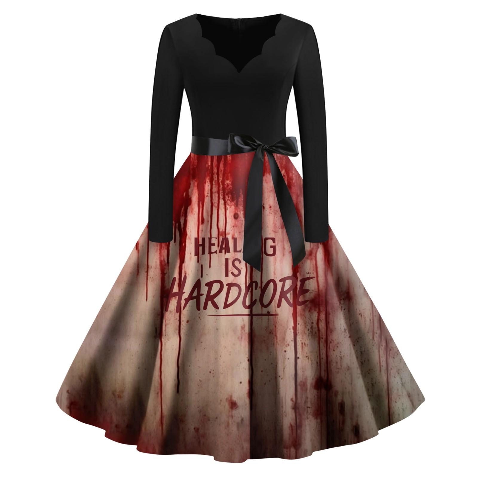 

Женское винтажное классическое платье с вырезом на талии и галстуком-бабочкой с длинными рукавами на Хэллоуин с принтом и V-образным вырезом, свободное платье S