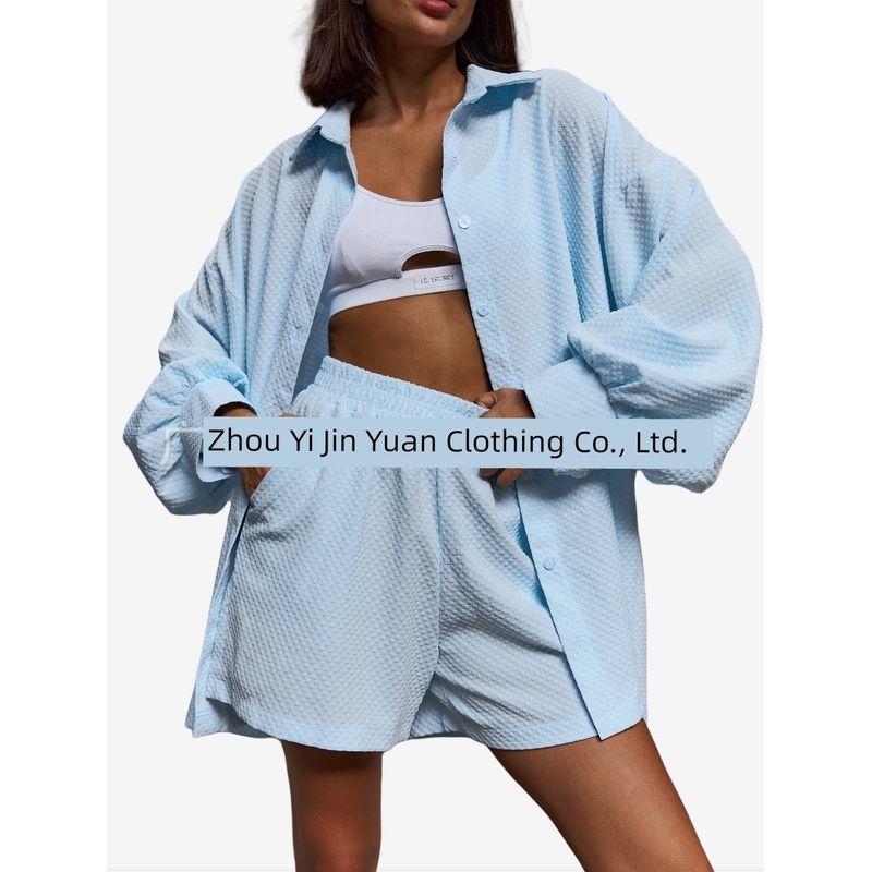 

Loose Shirt Sets European and American Women clothes Champray Lantern Sleeve Casual Loose Shirt Blouse and Pants Sky Blue S