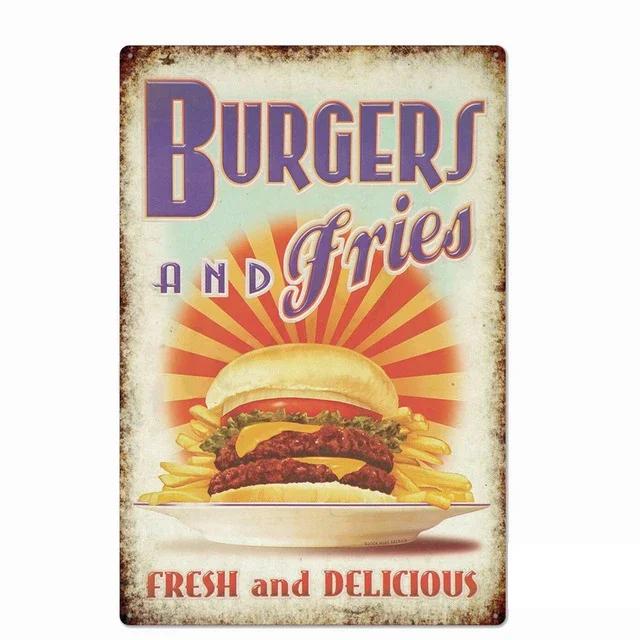 Delicious Hamburger Food Signs Metal Plaques Barbecue Kitchen Restaurant Shop Tin Sign Decorative Posters Retro Iron Painting