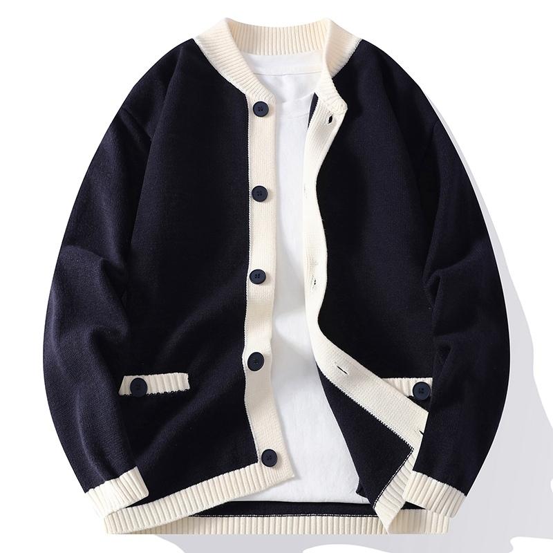 Autumn and Winter Korean Style Contrasting Color Cardigan Simple Sweater Men's Long-sleeved Tops