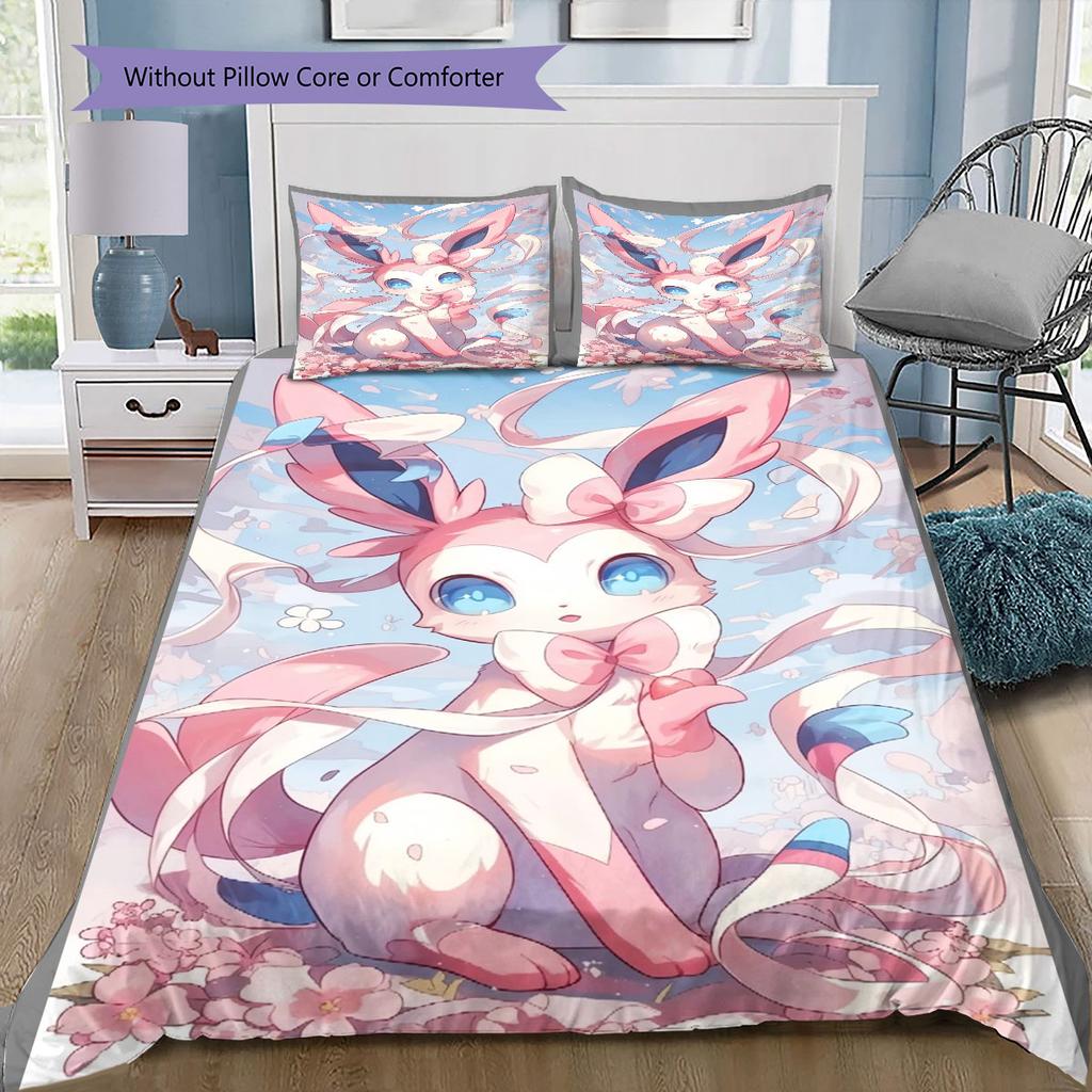 Sweet Sylveon Print Bedding Set 3Pcs Duvet Cover Pillow Shams Bedroom Decor for Anime Lovers