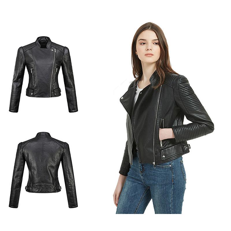 Damen PU-Leder Slim Stehkragenjacke - Europäischer/Amerikanischer Motorradstil, Erhältlich in verschiedenen Größen, Trendig und Pendlertauglich.