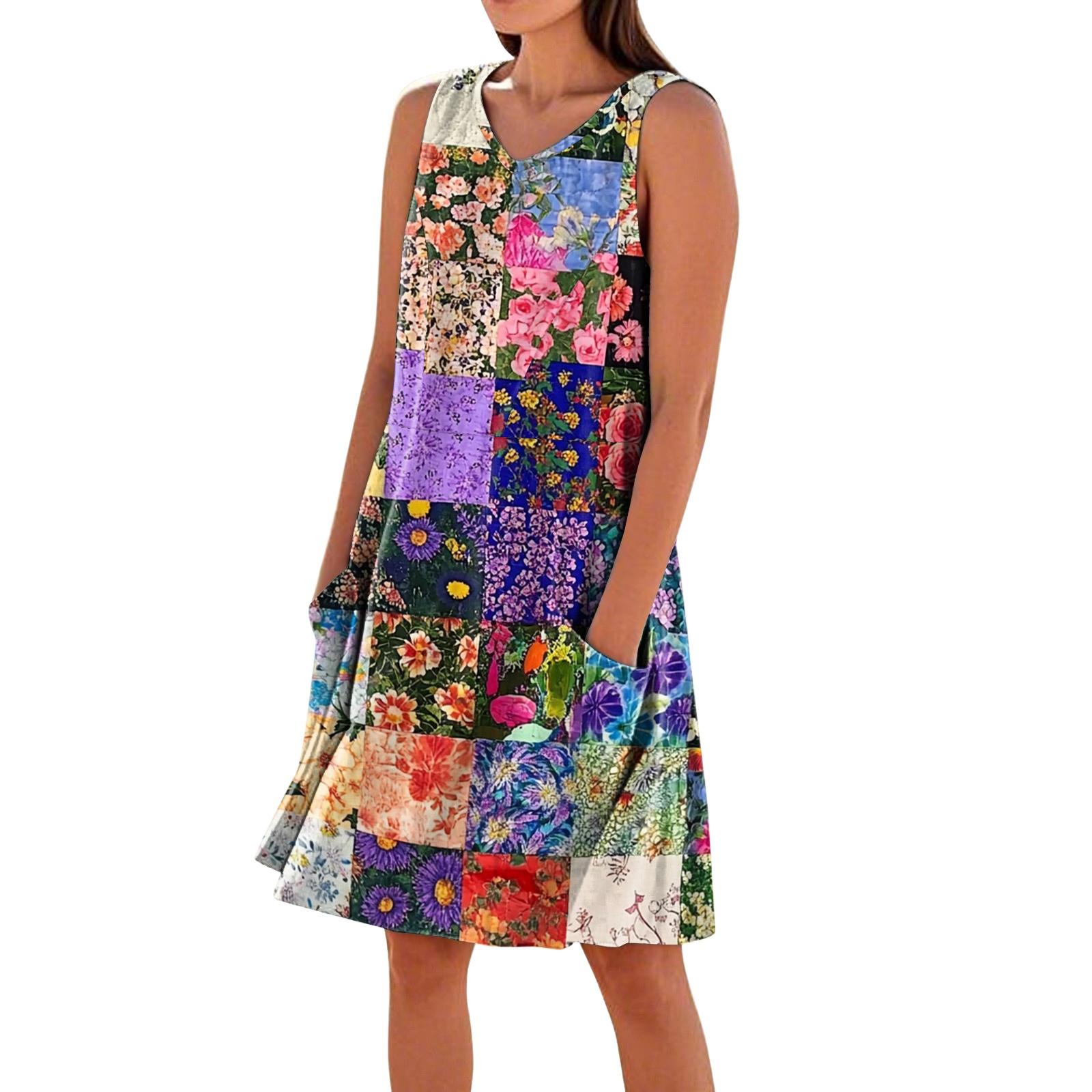Women s Casual Printed Sleeveless V-Neck Pocket Dress L