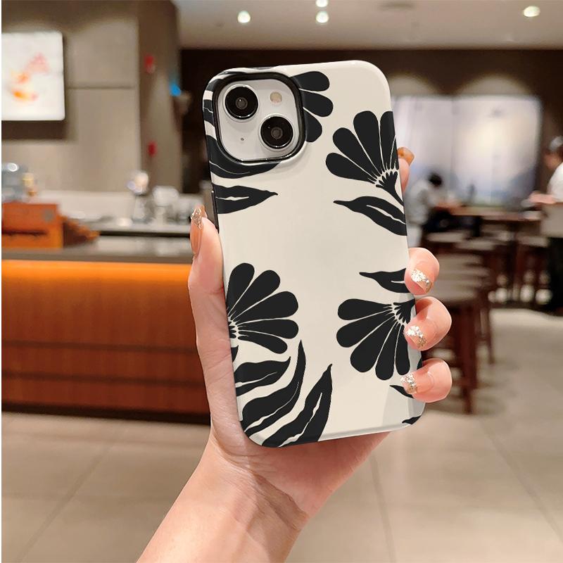Bold Floral Abstract Black Cream Botanic Leaves Silhouette Art Film Aesthetic Protective Shockproof Bumper Phone Case For iPhone 14 15 16 Pro Max Plus