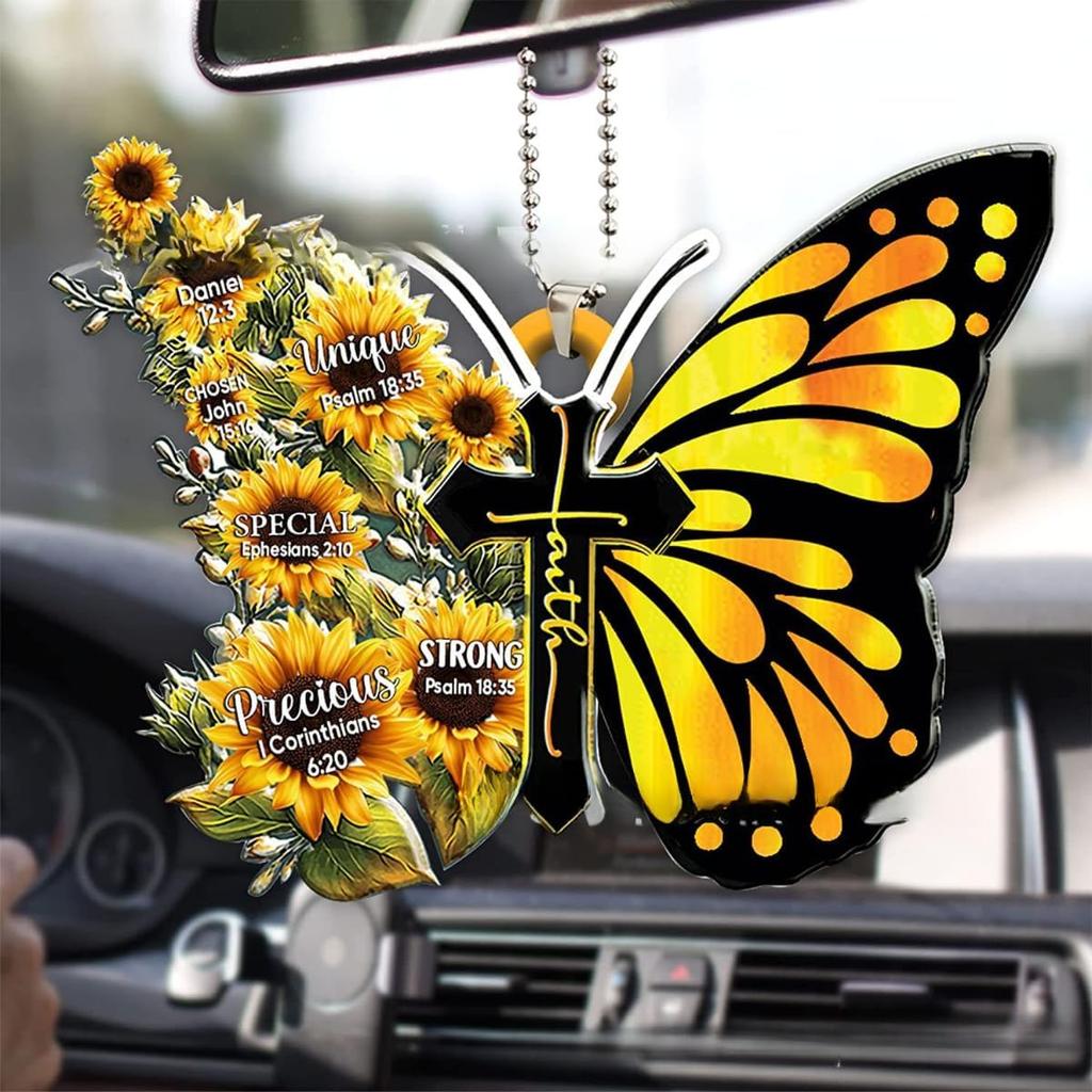 Car Mirror Hanging Accessories, Rearview Mirror Butterfly Ornaments Christian Car Accessories, Car Rosary, Cross, Driver Easter Religious Gifts, Auto