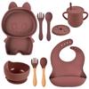 Baby Silicone Dinnerware Set: Silicone Bowl, Cartoon Plate, Bib, Divided Stainless Steel Spoon, Fork, Cup.