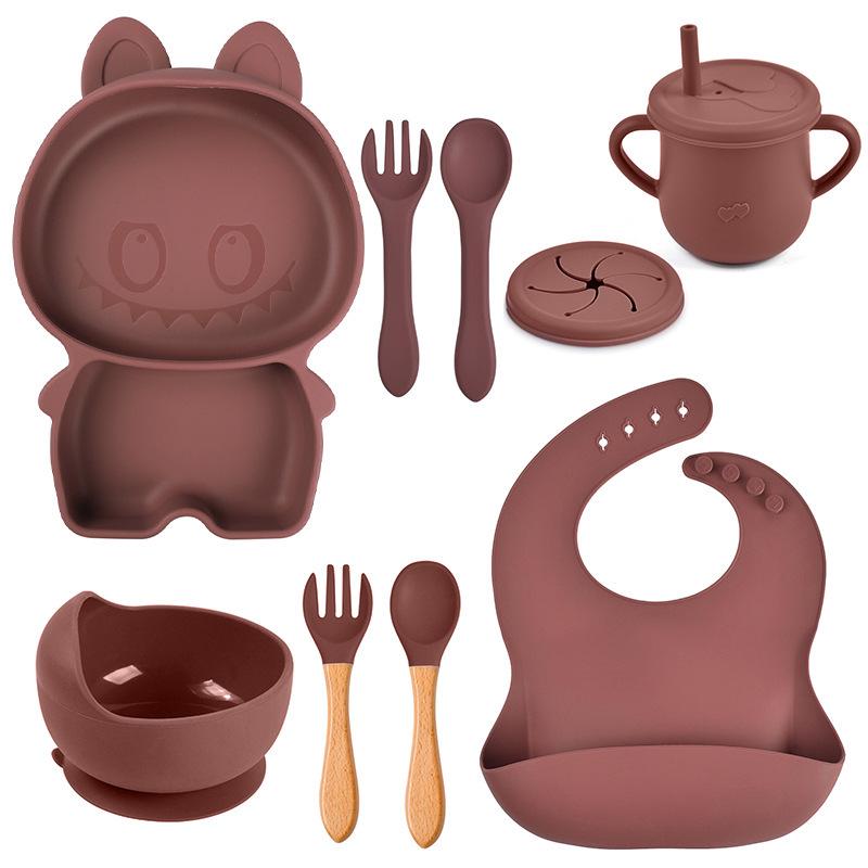 Baby Silicone Dinnerware Set: Silicone Bowl, Cartoon Plate, Bib, Divided Stainless Steel Spoon, Fork, Cup.