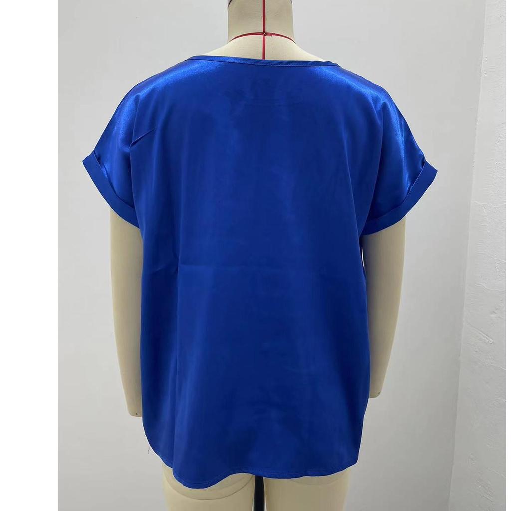 Elegantes Damenhemd Einfarbiges T-Shirt Sommer Damen Kurzarm Satinhemd Locker Lässig Rundhals T-Shirt Top S-XXL