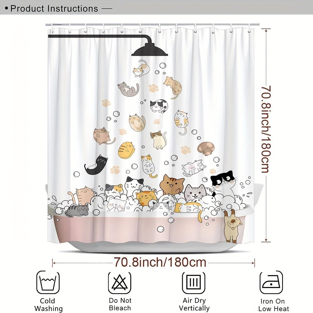 1Pc Cartoon Cat Shower Curtain - Fun Bathing Cats & Kittens, Polyester, 12 Hooks, Whimsical Bathroom Decor For Cat Lovers