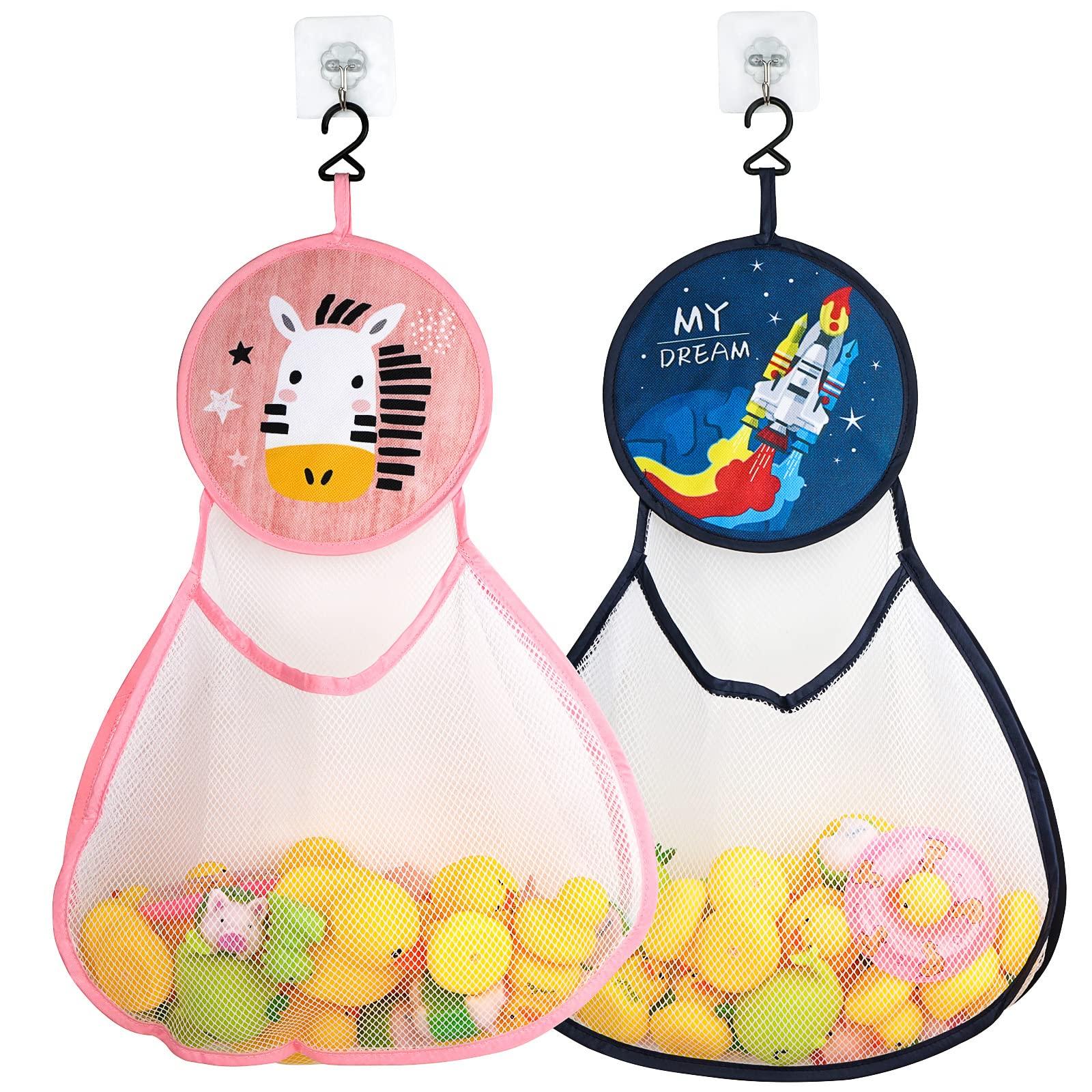

Linkidea 2 Pack Bathroom Hanging Toy Storage Kids Toddler Bathtub Toy Holder with Large Capacity Bath Toy Mesh Bag Bag, Hooks, (Rocket + Zebra)