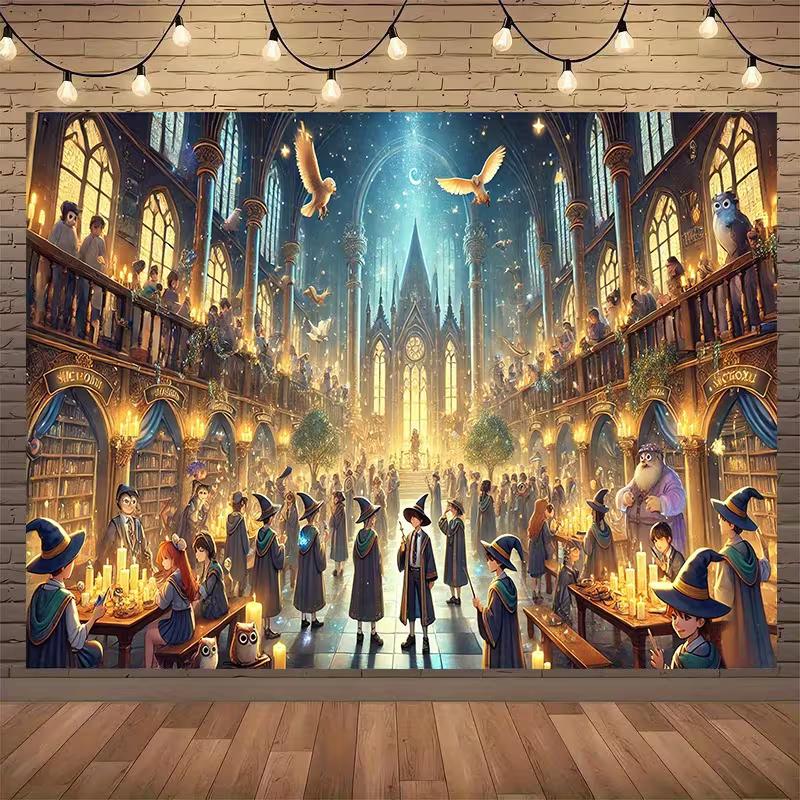 

2D Wizarding Great Hall Backdrop with Students, Owls and Candles 47.2x31.5inch/120*80cm