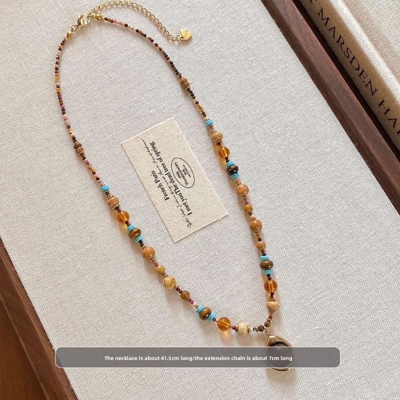 Титановая Сталь Натуральный Камень Стеклянная Бусина Камень Тигровый Глаз Неправильный Кулон Ожерелье Цепочка-Ожерелье кофейный