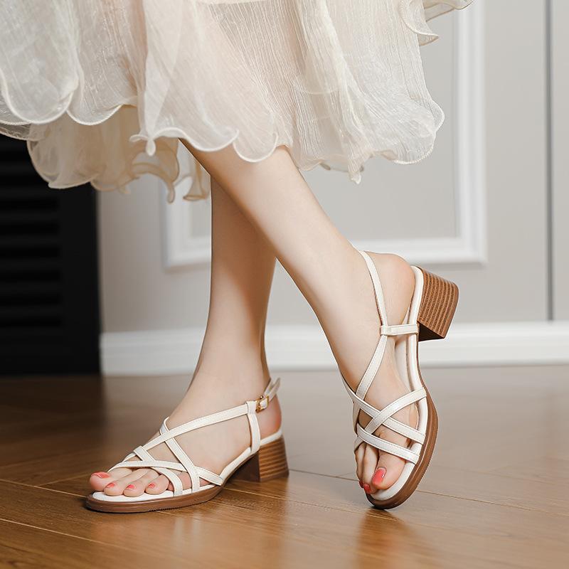 Retro Thin-banded Roman FootPairs HotSeason BrandNew Sandals for Women with Thick Heels for Holidays Strong Strong